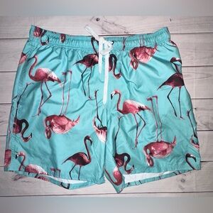 City Streets Large Flamingo Print Swim Shorts Blue and Pink Summer Trunks Cool